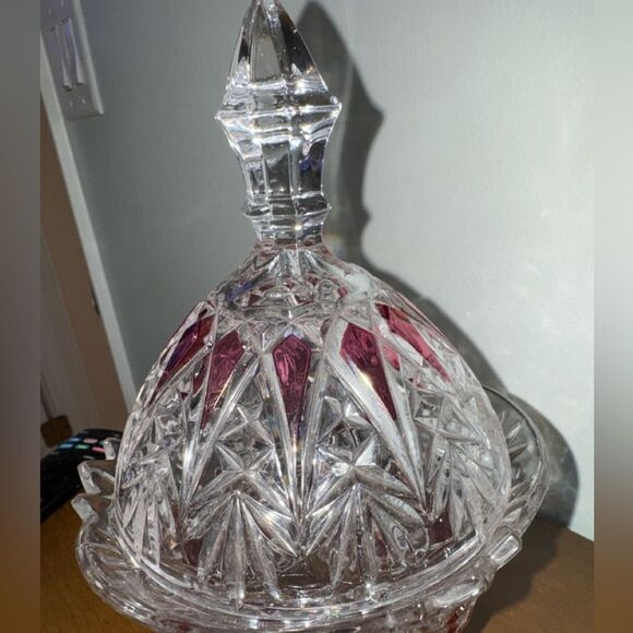 Vintage Ruby Red & Clear Cut Glass Covered Candy Dish with Lid – Footed, 9” - Picture 2 of 4